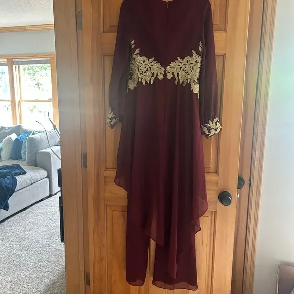 Formal Burgundy with Gold Jump/Pant Suit - Picture 2 of 3